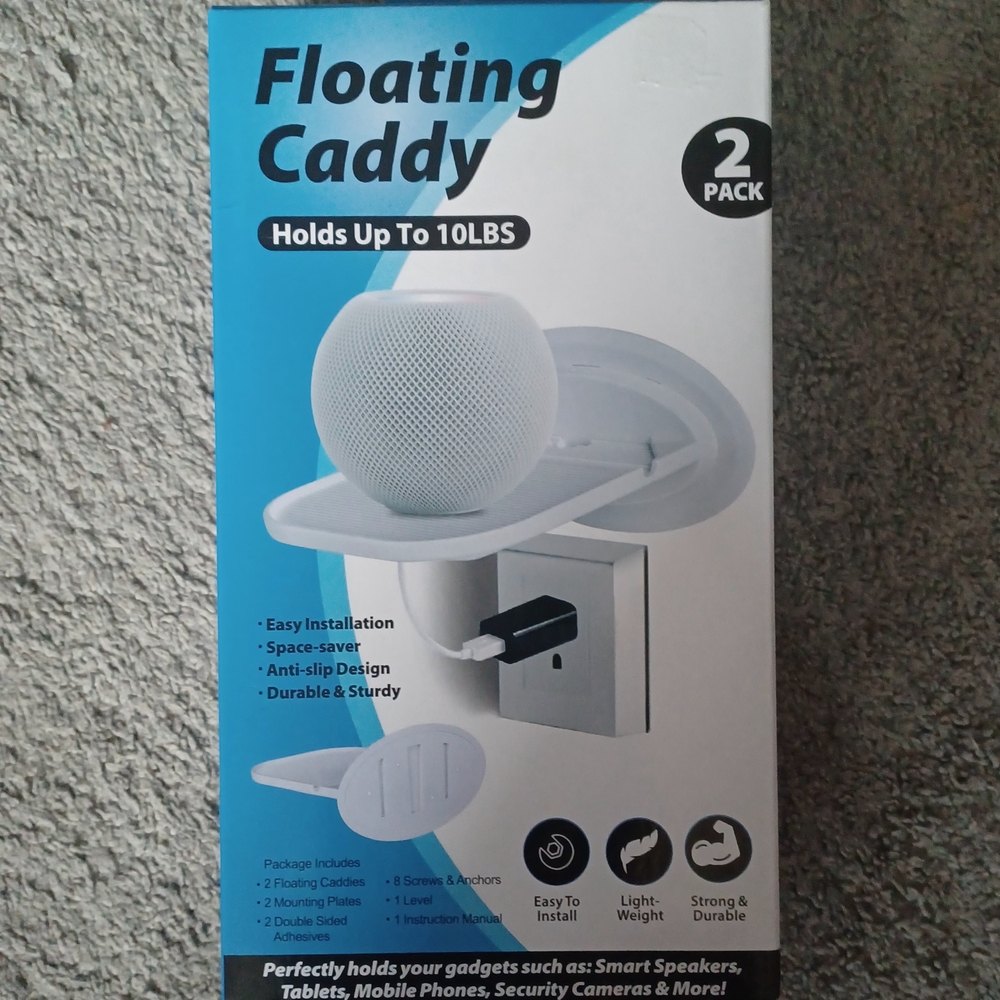 Floating Caddy Wall Mount Holder for Smart Speakers Phone Tablet White (2 Pack)